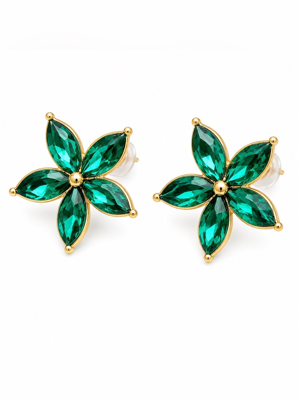 Gold-Tone Emerald Green Flower Stud Earrings